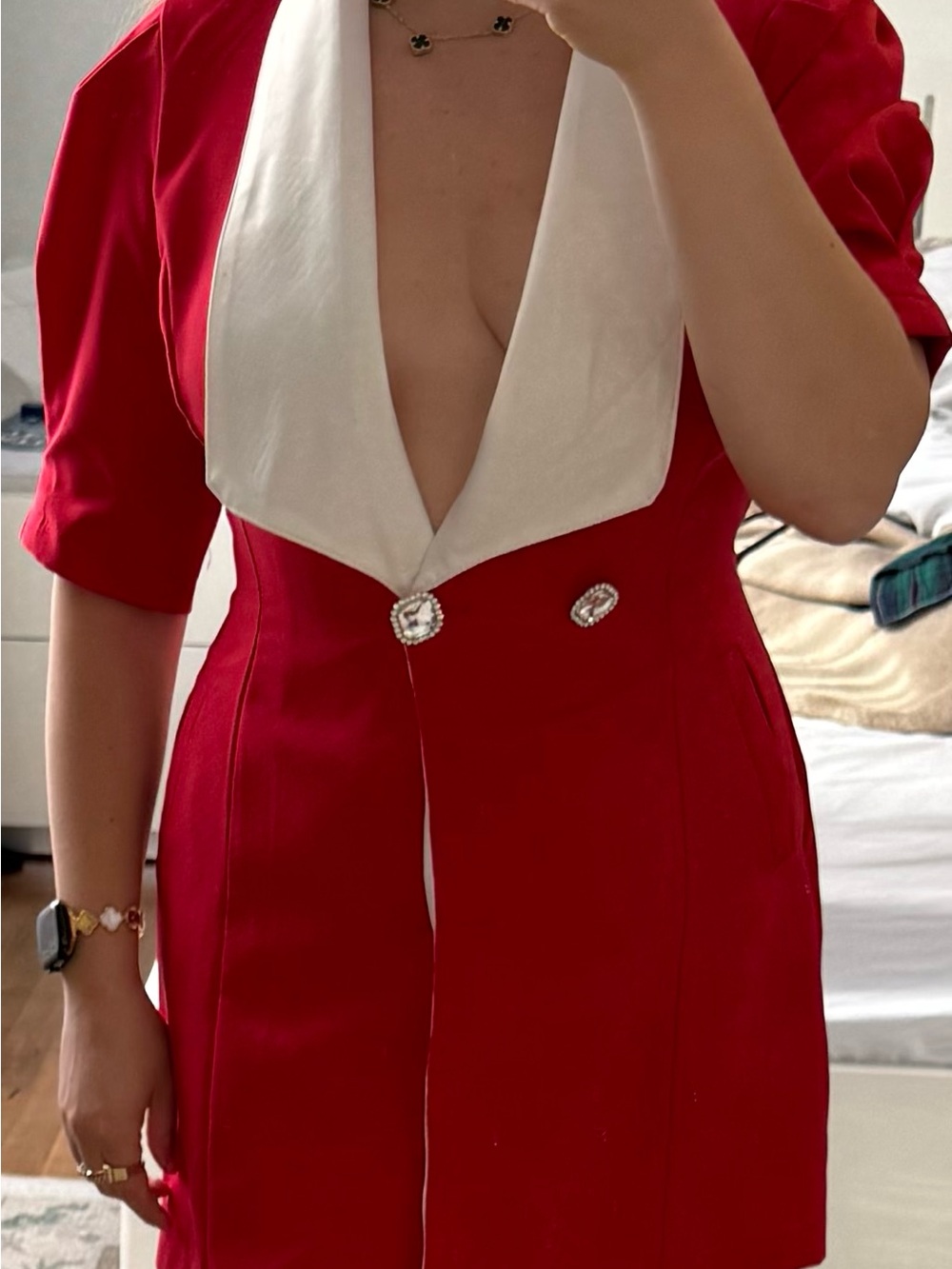 Red V-Neck Blazer Dress with White Collar